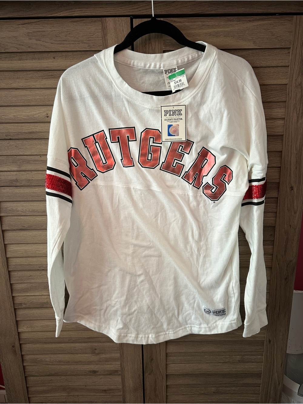 PINK Victoria's Secret White Rutgers Long Sleeve Tee with Red Lettering